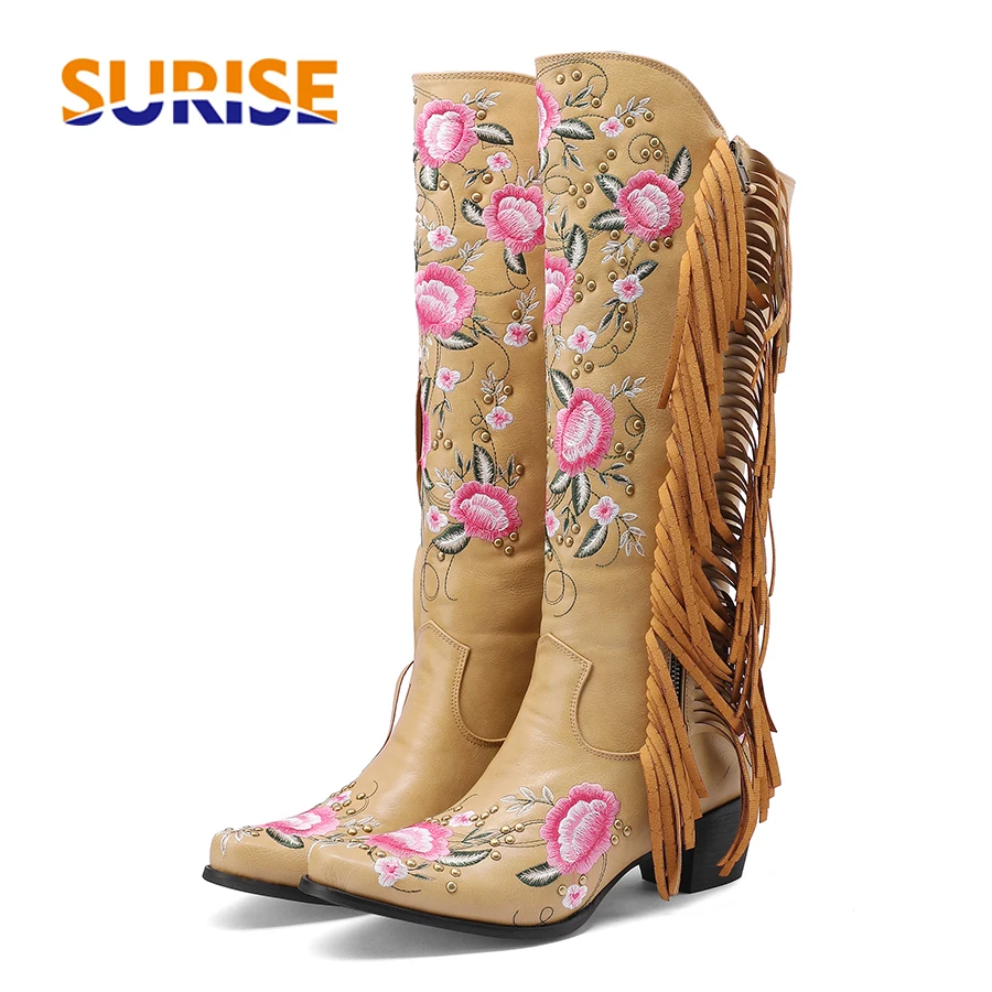 Ethnic Fashion Women - Mode broderie fleur Western genou bottes