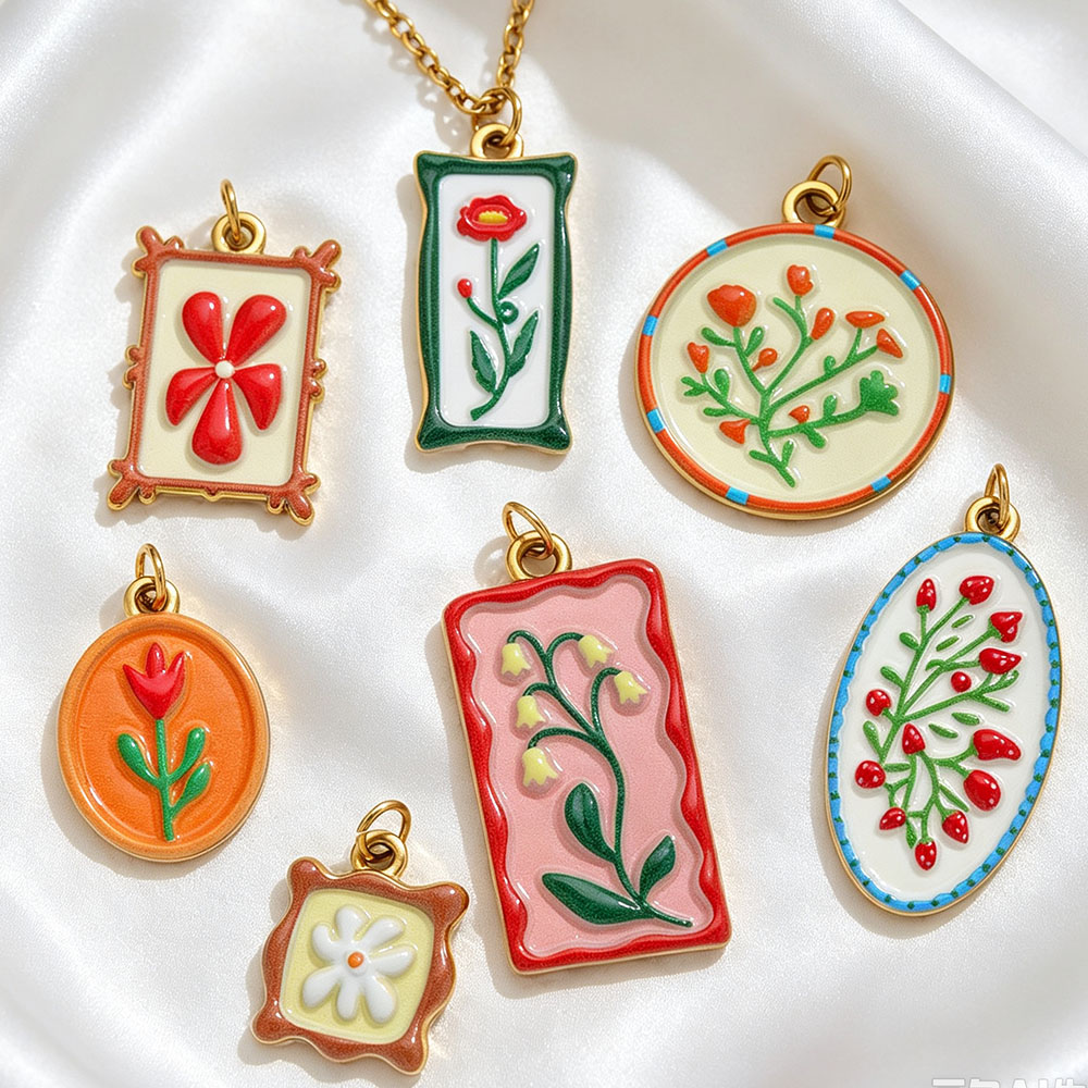 Ethnic Fashion Design - 2 pendentifs fleur bohème en émail,